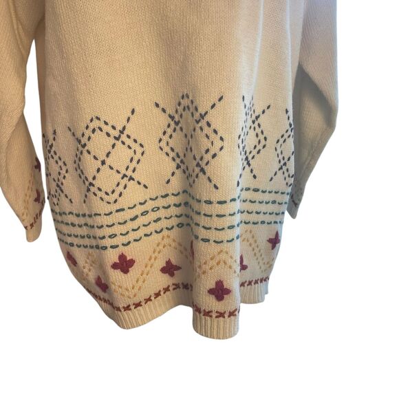 Womens Scandi Nordic Embroidered Ivory Sweater Sz M Rustic Cabincore Cozy VTG - Picture 9 of 16